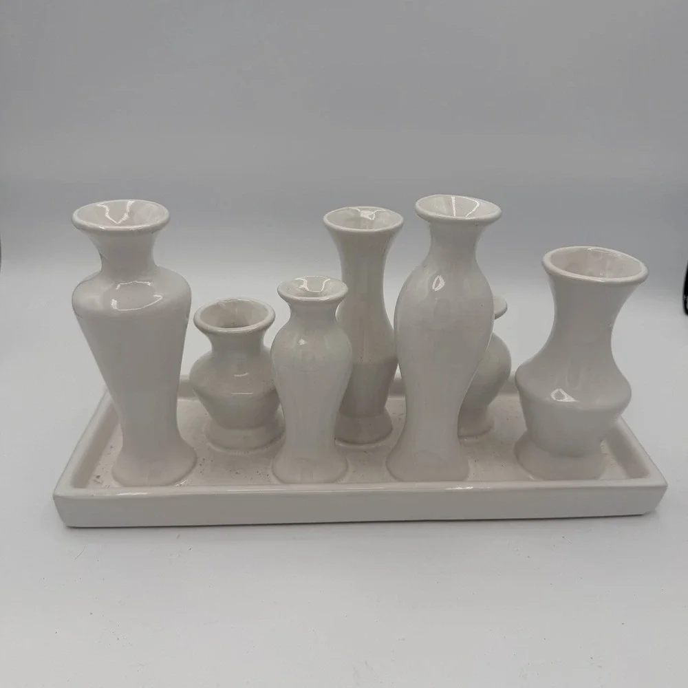 Ceramic Bud Vase Set with Seven Attached Vases on Rectangular Tray Cottagecore